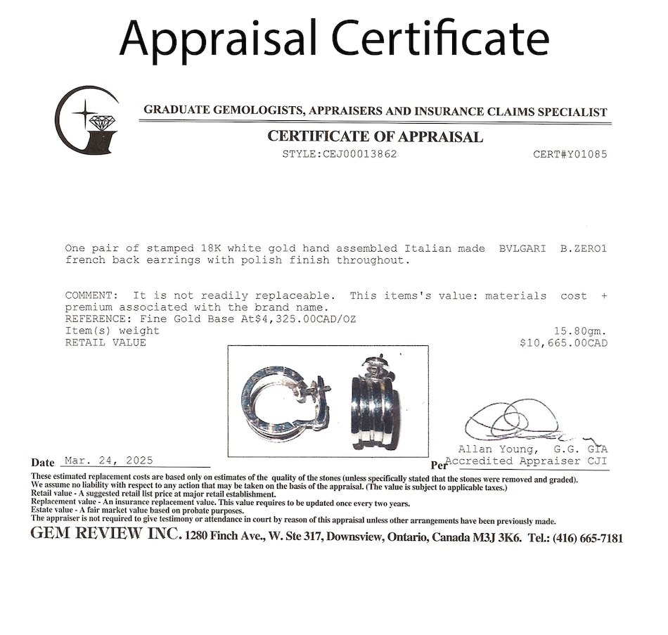 Image 746624_ALTMORE7.jpg, Product 746-624 / Price $5,895.00, Estate Originals 18K White Gold Bvlgari B.Zero1 French Back Earrings from Estate Originals on TSC.ca's Jewellery department