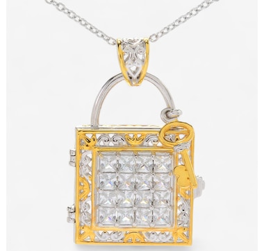 Product 746-651 / Price $179.99 , Gems En Vogue Palladium Silver White Zircon Padlock Locket Pendant With Chain