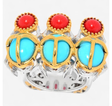 Gems En Vogue Palladium Silver Kingman Turquoise And Red Coral Beetle Ring