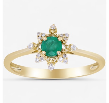 10K Yellow Gold Emerald and Diamond Starburst Ring