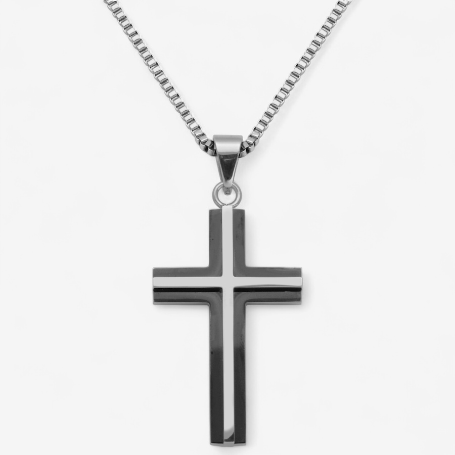 Image 746722.jpg, Product 746-722 / Price $69.99, Steelx 25 mm x 40 mm Steel and IP Black Cross Pendant Necklace with Round Box Chain Necklace 24" from Steelx on TSC.ca's Jewellery department