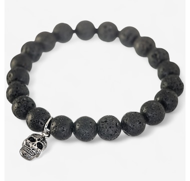 Steelx 21-mm Lava Beads and Steel Skull Charm Bracelet 8.5"