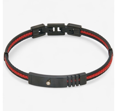 Steel 2-mm IP Black and Red Wire Bracelet with White Cubic Zirconia 8''