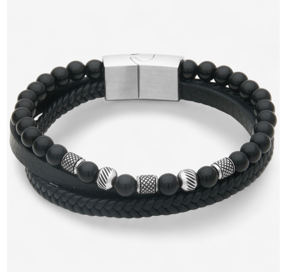 Image 746734_BKAG.jpg, Product 746-734 / Price $99.99, Steelx 6.5-mm Beads and Braided Black Leather Triple Layer Bracelet 8.5" from STEELX on TSC.ca's Jewellery department