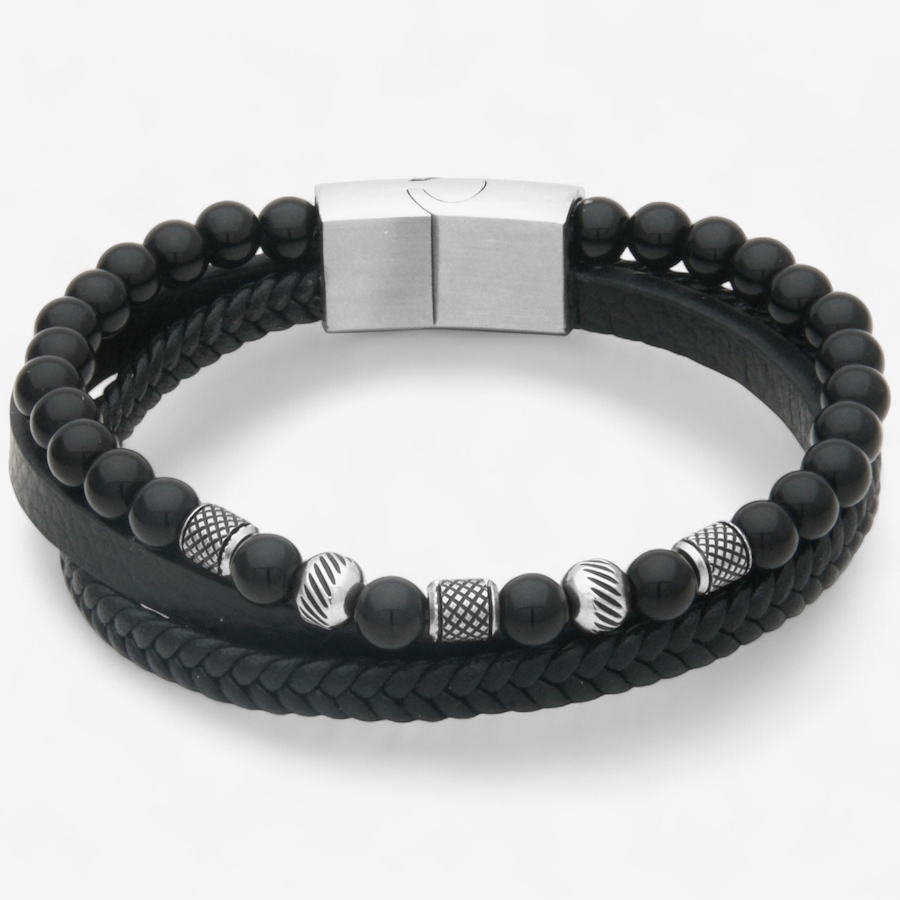 Image 746734_BKAG.jpg, Product 746-734 / Price $99.99, Steelx 6.5-mm Beads and Braided Black Leather Triple Layer Bracelet 8.5" from Steelx on TSC.ca's Jewellery department
