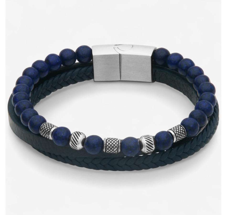 Image 746734_LAP.jpg, Product 746-734 / Price $99.99, Steelx 6.5-mm Beads and Braided Black Leather Triple Layer Bracelet 8.5" from STEELX on TSC.ca's Jewellery department