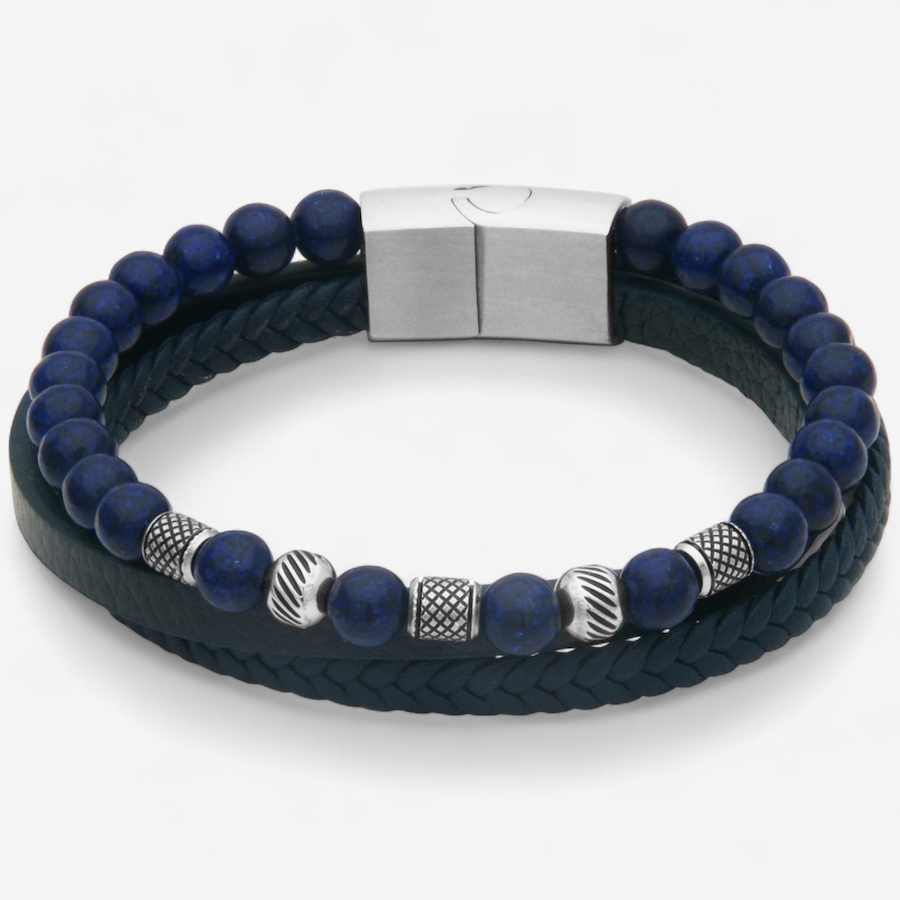 Image 746734_LAP.jpg, Product 746-734 / Price $99.99, Steelx 6.5-mm Beads and Braided Black Leather Triple Layer Bracelet 8.5" from Steelx on TSC.ca's Jewellery department