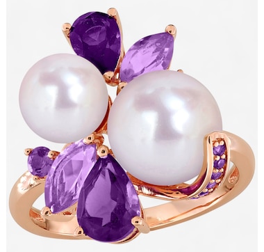 Amour Pearls Sterling Silver Rose Gold Plated Cultured Freshwater pearl Amethyst Rose of France Cluster Ring