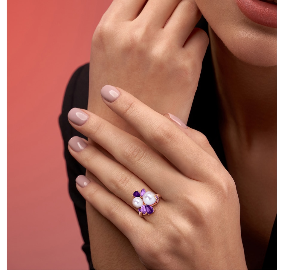 Image 746753_ALTMORE5.jpg, Product 746-753 / Price $199.99, Amour Pearls Sterling Silver Rose Gold Plated Cultured Freshwater pearl Amethyst Rose of France Cluster Ring from Amour Pearls on TSC.ca's Jewellery department