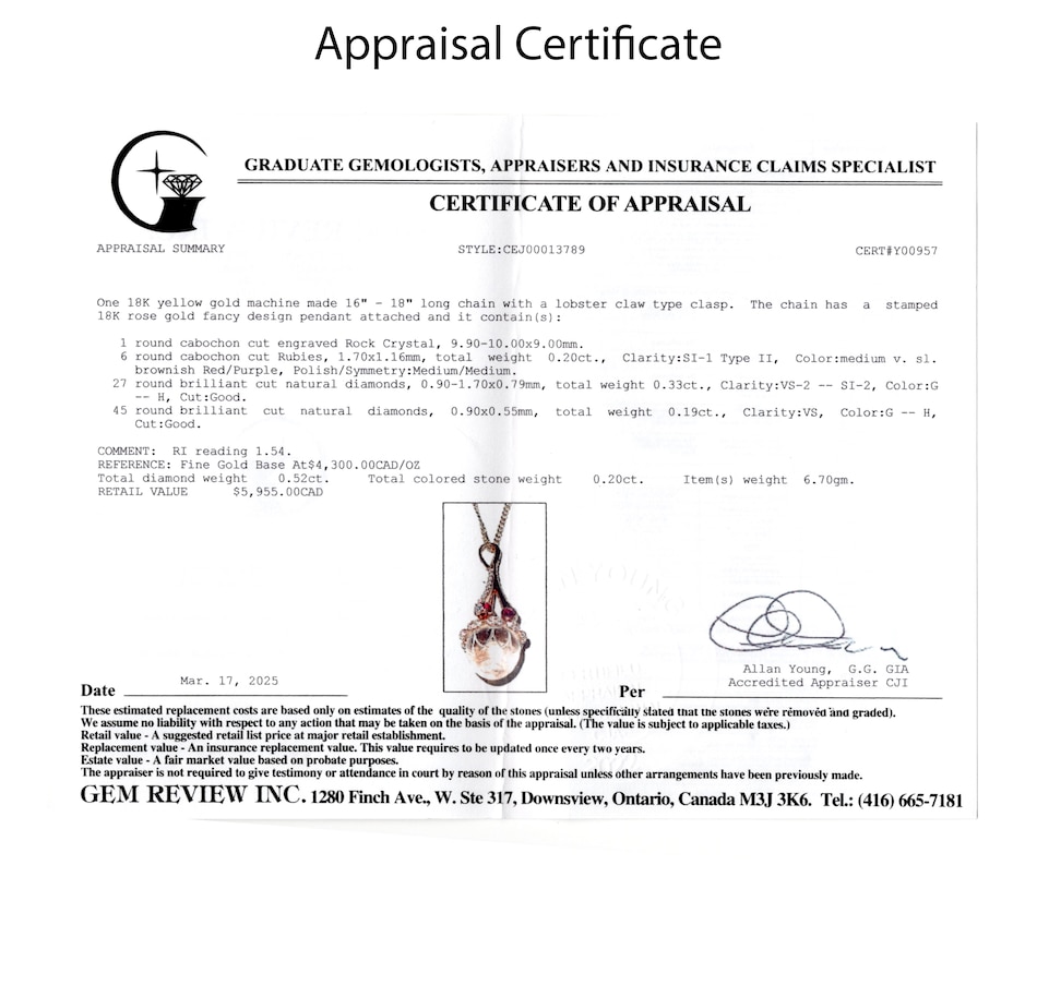 Image 746790_ALTMORE6.jpg, Product 746-790 / Price $2,995.00, Estate Originals 18K Rose Gold Engraved Rock Crystal Pendant with Ruby and Diamond Accents from Estate Originals on TSC.ca's Jewellery department