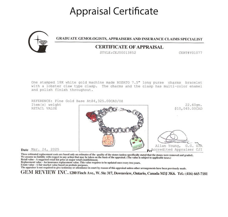 Image 746797_ALTMORE5.jpg, Product 746-797 / Price $5,295.00, Estate Originals 18K White Gold ROSATO 7.5" Handbag Charm Bracelet from Estate Originals on TSC.ca's Jewellery department