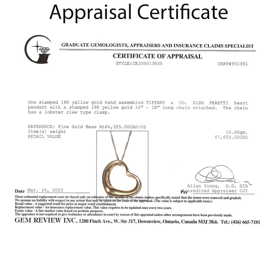 Image 746798_ALTMORE7.jpg, Product 746-798 / Price $3,995.00, Estate Originals 18K Yellow Gold TIFFANY & Co. ELSA PERETTI Open Heart Pendant from Estate Originals on TSC.ca's Jewellery department