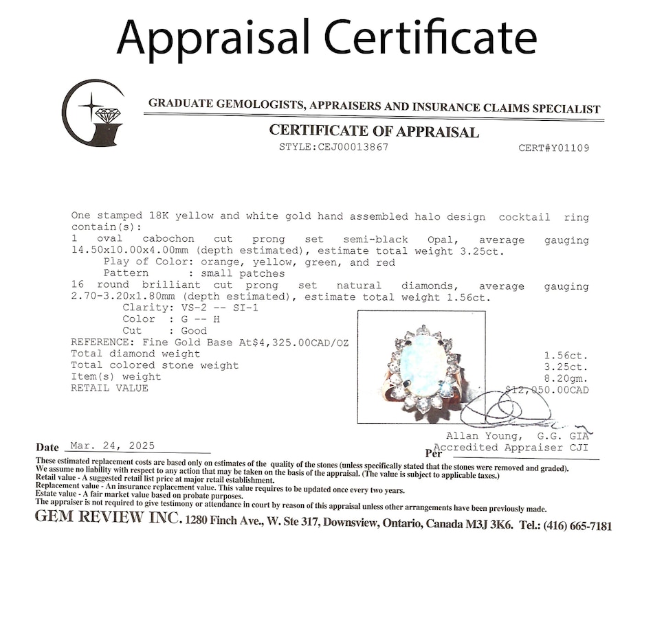 Image 746801_ALTMORE5.jpg, Product 746-801 / Price $5,495.00, Estate Originals 18K Yellow and White Gold 3.25 Carat Opal and Diamond Cluster Ring from Estate Originals on TSC.ca's Jewellery department