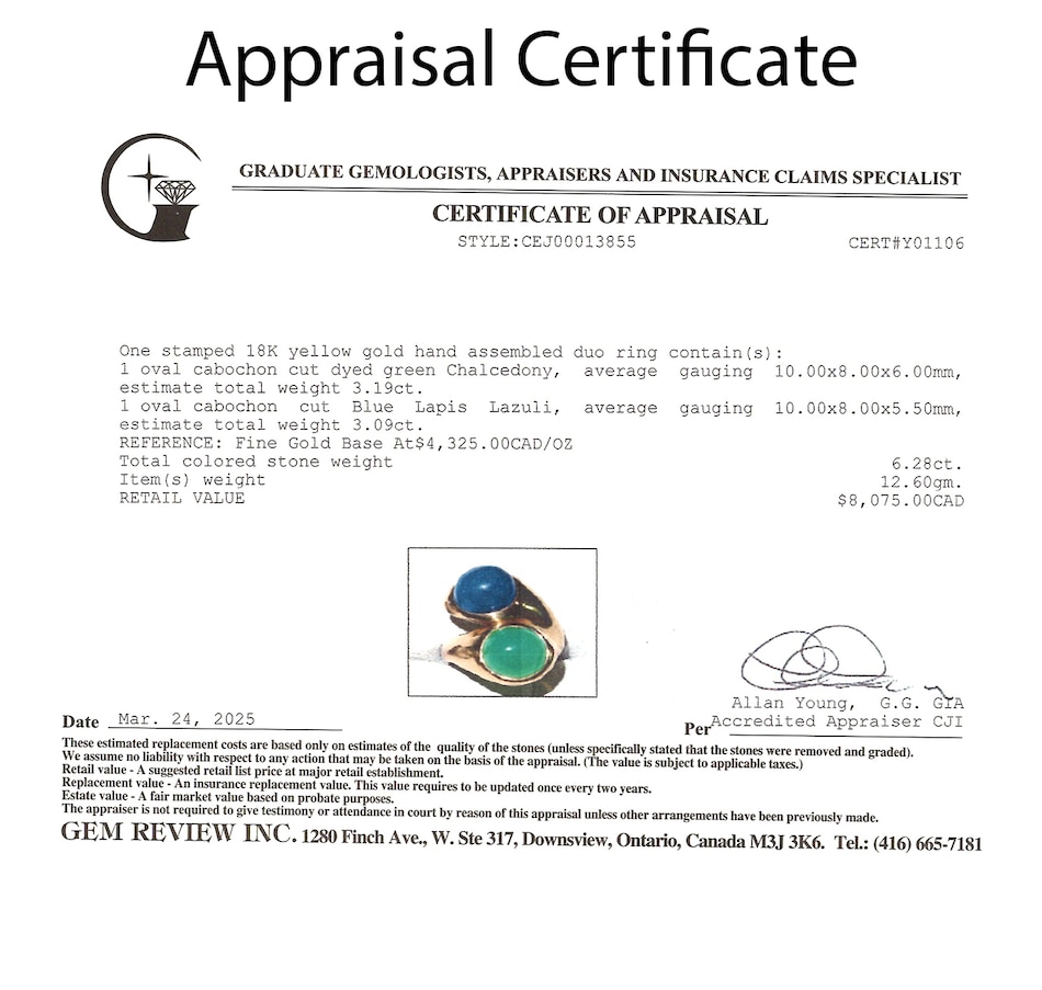 Image 746802_ALTMORE4.jpg, Product 746-802 / Price $3,995.00, Estate Originals 18K Yellow Gold Lapis Lazuli and Green Chalcedony Bypass Ring from Estate Originals on TSC.ca's Jewellery department