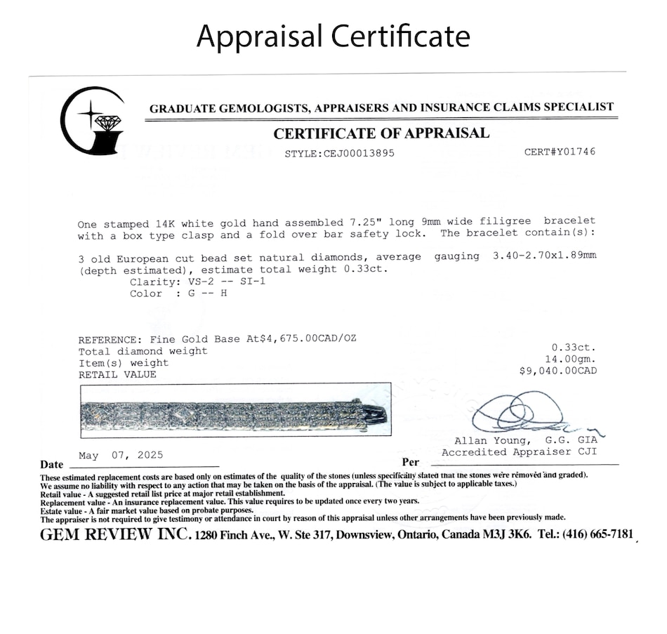 Image 746810_ALTMORE5.jpg, Product 746-810 / Price $4,495.00, Estate Originals 14K White Gold 7.25" Old European-Cut Diamond Filigree Bracelet from Estate Originals on TSC.ca's Jewellery department