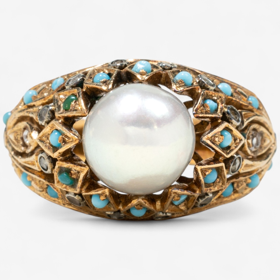Image 746821.jpg, Product 746-821 / Price $2,295.00, Estate Originals 14K Yellow Gold Cultured Pearl Ring with Turquoise and Rose Cut Diamond Embellishments from Estate Originals on TSC.ca's Jewellery department