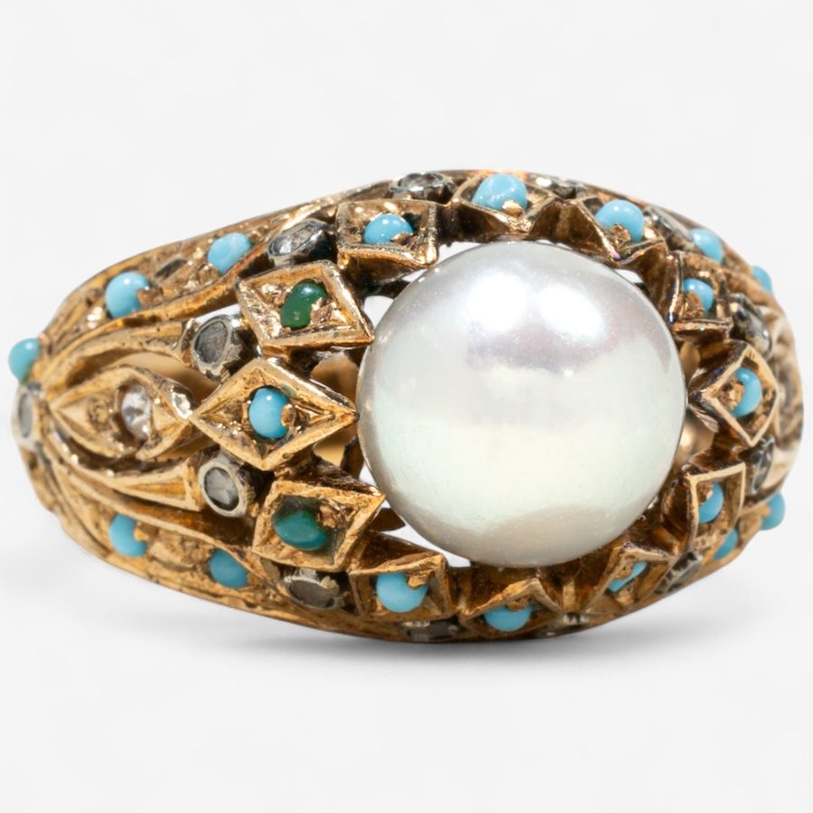 Image 746821_ALTMORE1.jpg, Product 746-821 / Price $2,295.00, Estate Originals 14K Yellow Gold Cultured Pearl Ring with Turquoise and Rose Cut Diamond Embellishments from Estate Originals on TSC.ca's Jewellery department
