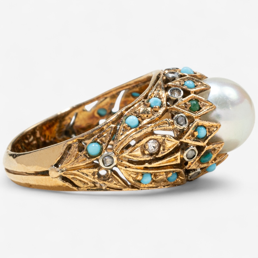 Image 746821_ALTMORE2.jpg, Product 746-821 / Price $2,295.00, Estate Originals 14K Yellow Gold Cultured Pearl Ring with Turquoise and Rose Cut Diamond Embellishments from Estate Originals on TSC.ca's Jewellery department