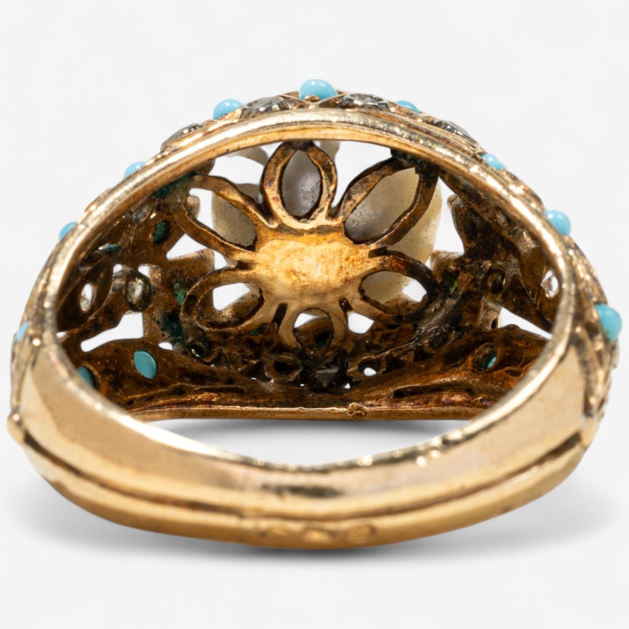 Image 746821_ALTMORE3.jpg, Product 746-821 / Price $2,295.00, Estate Originals 14K Yellow Gold Cultured Pearl Ring with Turquoise and Rose Cut Diamond Embellishments from Estate Originals on TSC.ca's Jewellery department