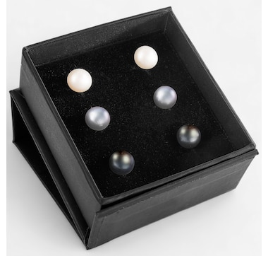 Sterling Silver Rhodium Plate Set of Three Freshwater Pearl Stud Earrings