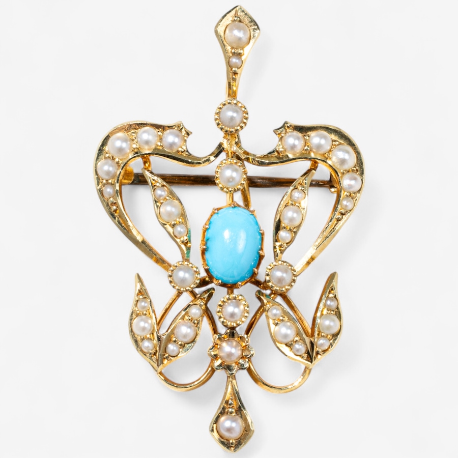 Image 747023.jpg, Product 747-023 / Price $1,895.00, Estate Originals 15K Yellow Gold Turquoise and Seed Pearl Brooch/Pendant from Estate Originals on TSC.ca's Jewellery department