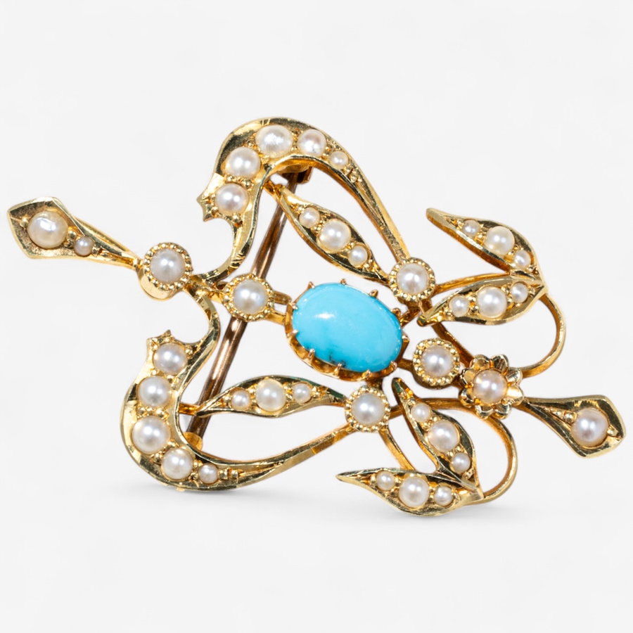 Image 747023_ALTMORE2.jpg, Product 747-023 / Price $1,895.00, Estate Originals 15K Yellow Gold Turquoise and Seed Pearl Brooch/Pendant from Estate Originals on TSC.ca's Jewellery department