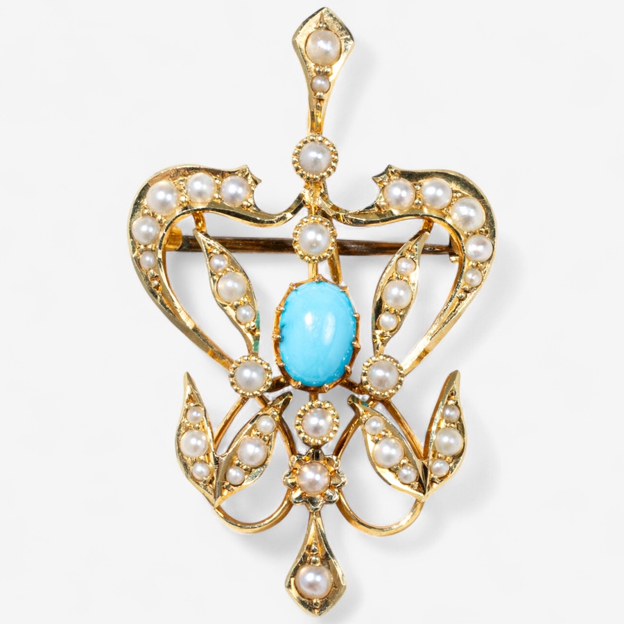 Image 747023_ALTMORE3.jpg, Product 747-023 / Price $1,895.00, Estate Originals 15K Yellow Gold Turquoise and Seed Pearl Brooch/Pendant from Estate Originals on TSC.ca's Jewellery department