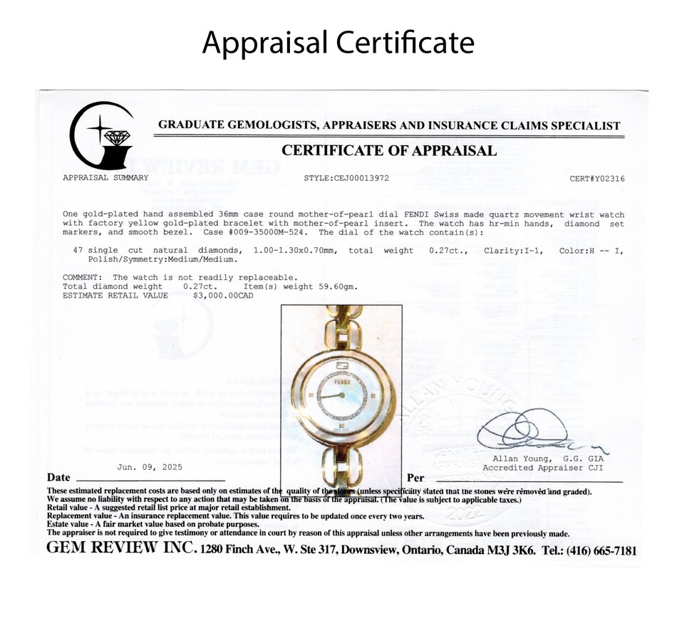 Image 747062_ALTMORE6.jpg, Product 747-062 / Price $1,995.00, Estate Originals Gold-Plated Stainless-Steel Mother-of-Pearl Fendi "My Way" Swiss Made Quartz Watch from Estate Originals on TSC.ca's Jewellery department