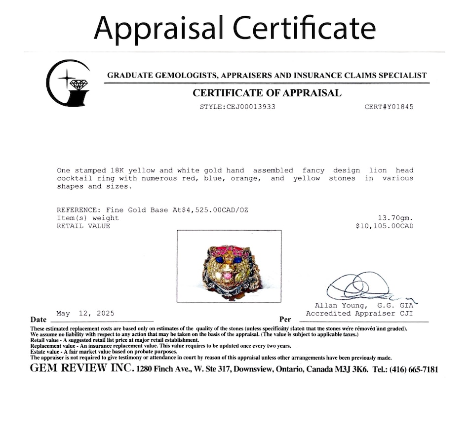 Image 747108_ALTMORE5.jpg, Product 747-108 / Price $5,595.00, Estate Originals GUCCI 18K Yellow and Silver Fancy Lion Head Ring from Estate Originals on TSC.ca's Jewellery department