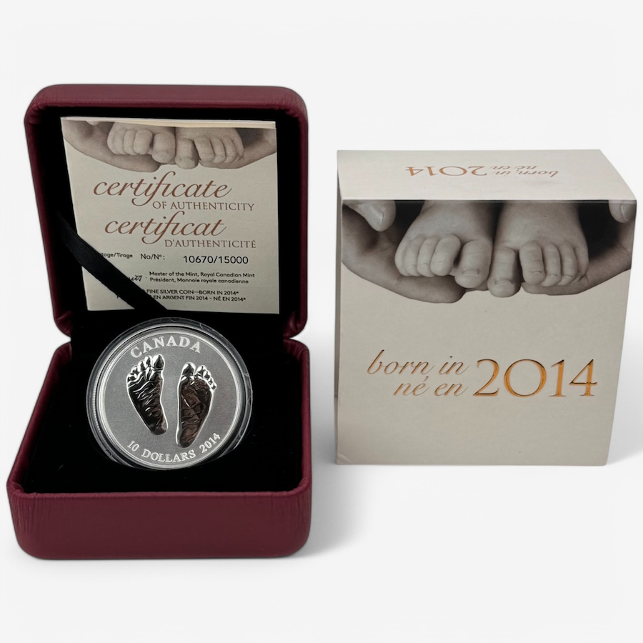 Image 747179.jpg, Product 747-179 / Price $169.95, 2014 $10 Welcome to the World Baby Feet Fine Silver Coin from Royal Canadian Mint (RCM) on TSC.ca's Coins department