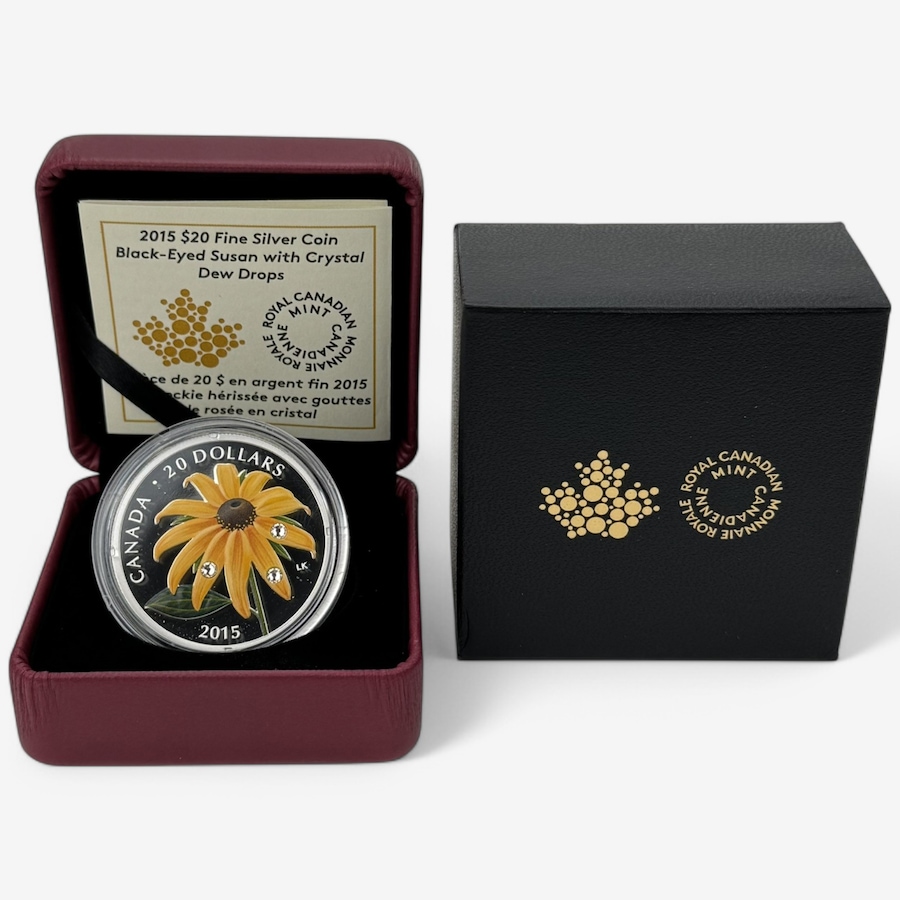 Image 747183.jpg, Product 747-183 / Price $199.95, 2015 $20 Black-Eyed Susan Fine Silver Colour Coin with Crystal Drops from Royal Canadian Mint (RCM) on TSC.ca's Coins department