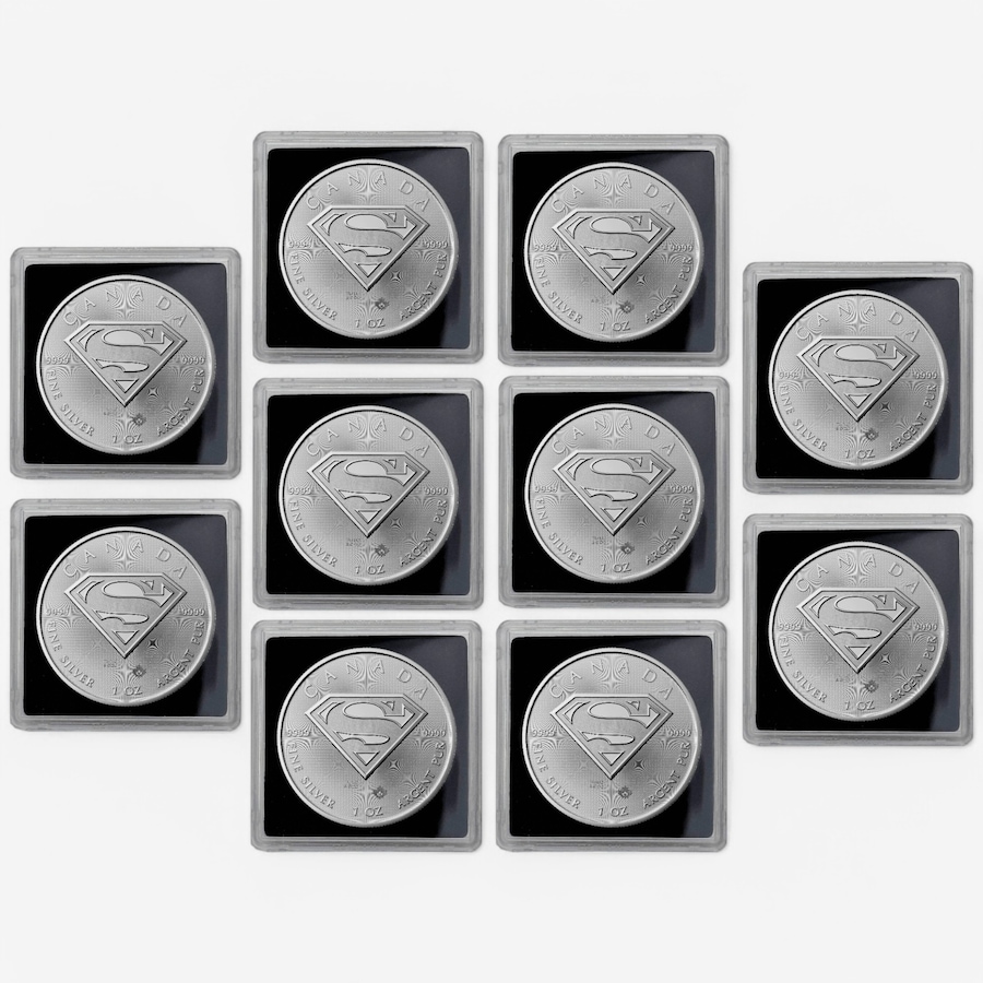 Image 747191.jpg, Product 747-191 / Price $795.00, Ten 2016 $5 Superman Shield One-Ounce Fine Silver Coins from Royal Canadian Mint (RCM) on TSC.ca's Coins department