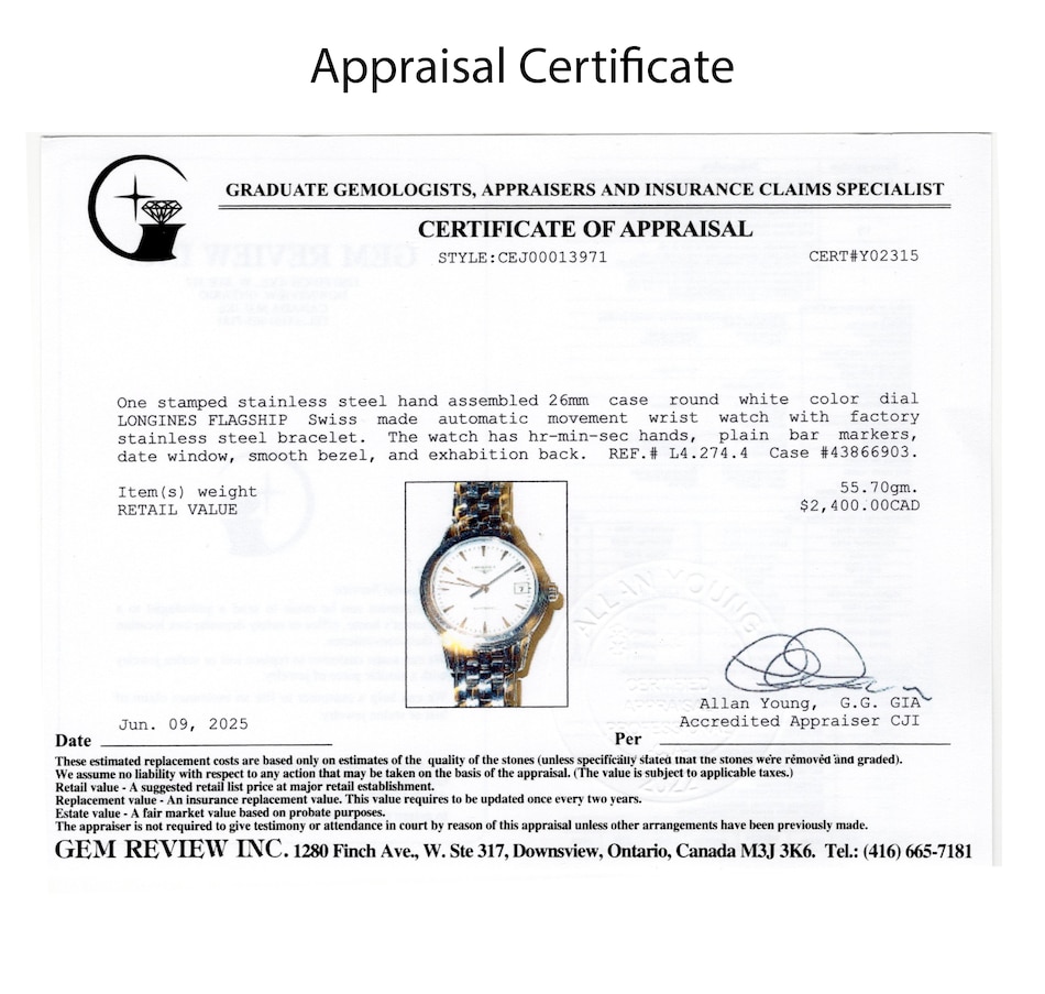 Image 747378_ALTMORE5.jpg, Product 747-378 / Price $1,995.00, Stainless Steel LONGINES FLAGSHIP CLASSIC Automatic Wristwatch from Estate Originals on TSC.ca's Jewellery department