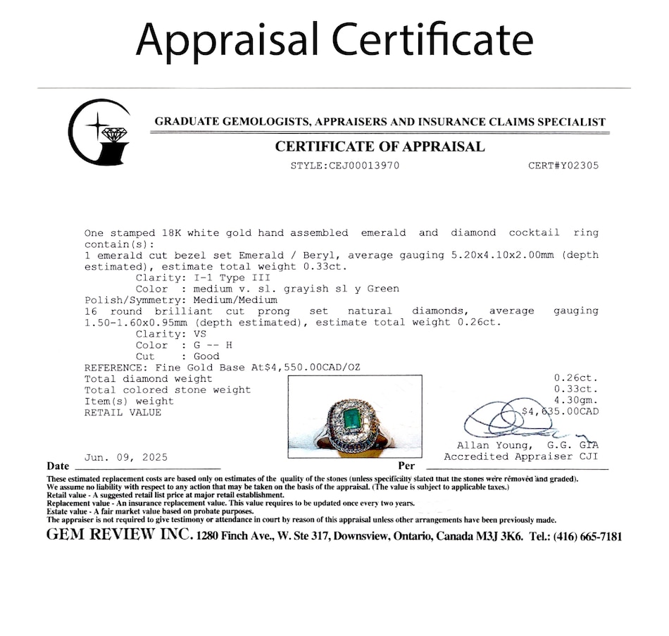 Image 747379_ALTMORE4.jpg, Product 747-379 / Price $2,295.00, 18K White Gold Emerald Cut Emerald and Diamond Ring from Estate Originals on TSC.ca's Jewellery department