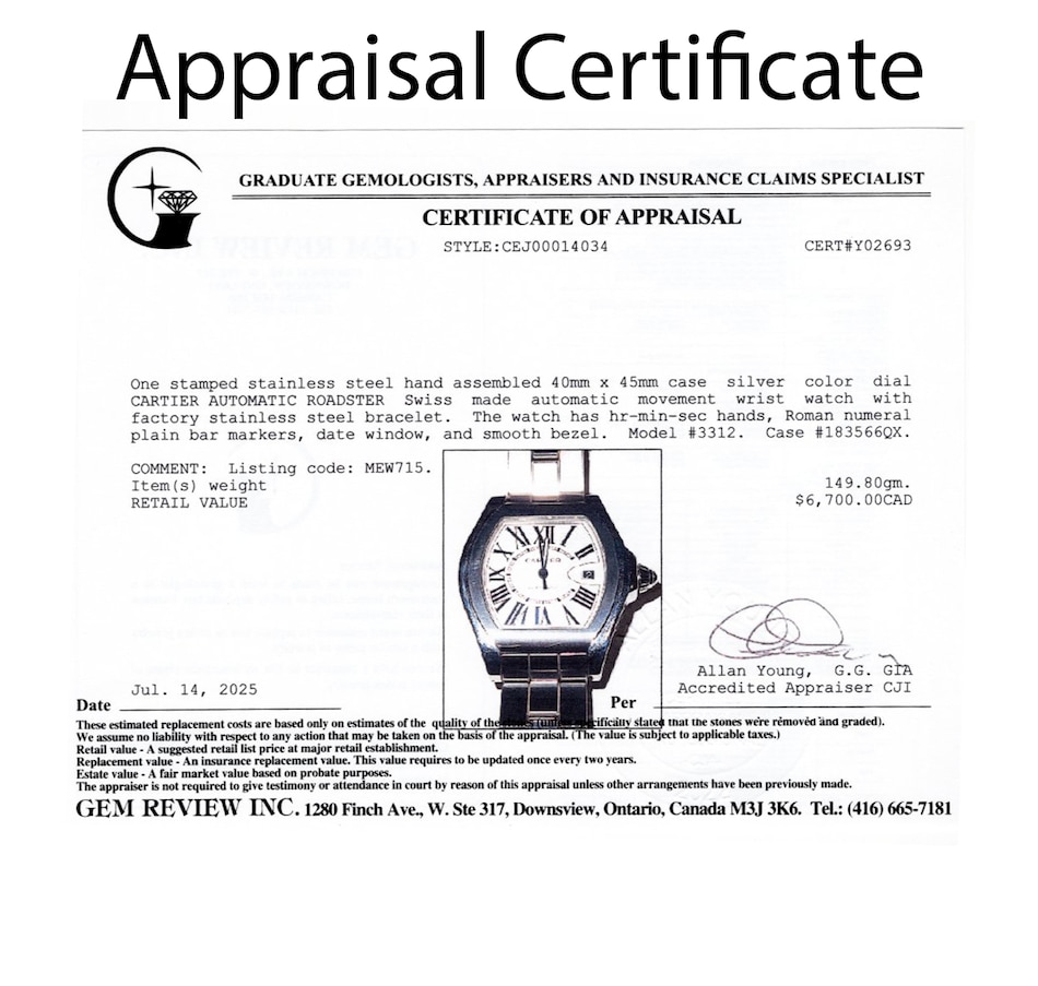 Image 747381_ALTMORE6.jpg, Product 747-381 / Price $5,288.00, Stainless Steel CARTIER ROADSTER "S" Model Swiss Made Wristwatch from Estate Originals on TSC.ca's Jewellery department