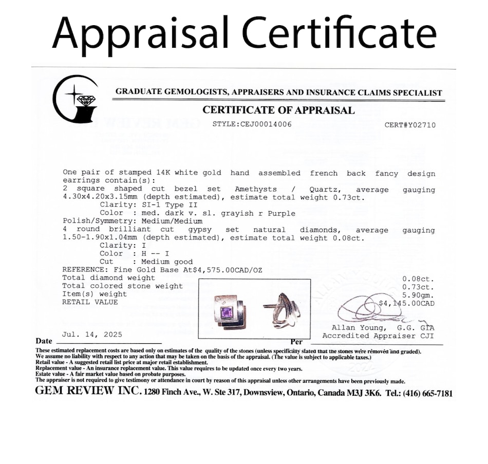 Image 747387_ALTMORE4.jpg, Product 747-387 / Price $1,995.00, 14KT White Gold Square Shaped Amethyst and Diamond French Back Earrings from Estate Originals on TSC.ca's Jewellery department