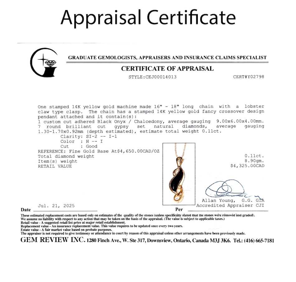 Image 747411_ALTMORE6.jpg, Product 747-411 / Price $2,095.00, 14K Yellow Gold Custom Cut Onyx and Diamond Swirl Pendant from Estate Originals on TSC.ca's Jewellery department