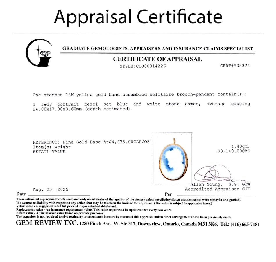 Image 747419_ALTMORE4.jpg, Product 747-419 / Price $1,595.00, 18KT Yellow Gold Blue Cameo Brooch/Pendant from Estate Originals on TSC.ca's Jewellery department