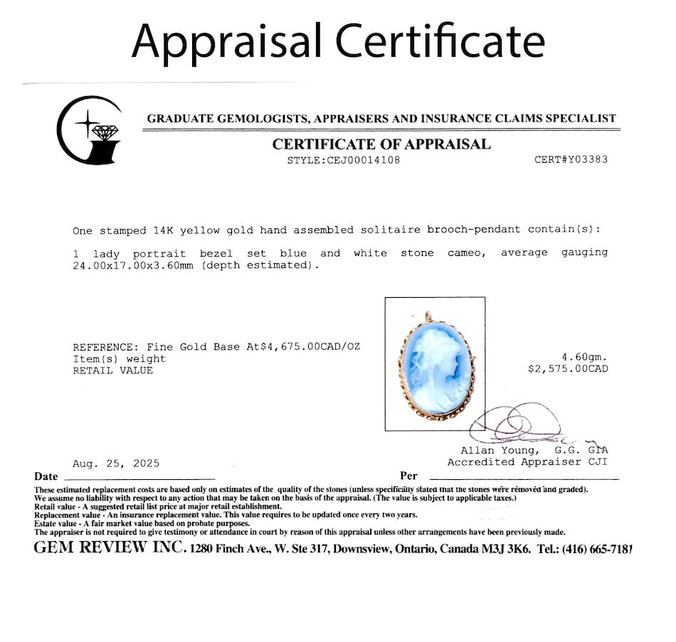 Image 747421_ALTMORE4.jpg, Product 747-421 / Price $1,295.00, 14KT Yellow Gold Blue Cameo Brooch/Pendant from Estate Originals on TSC.ca's Jewellery department