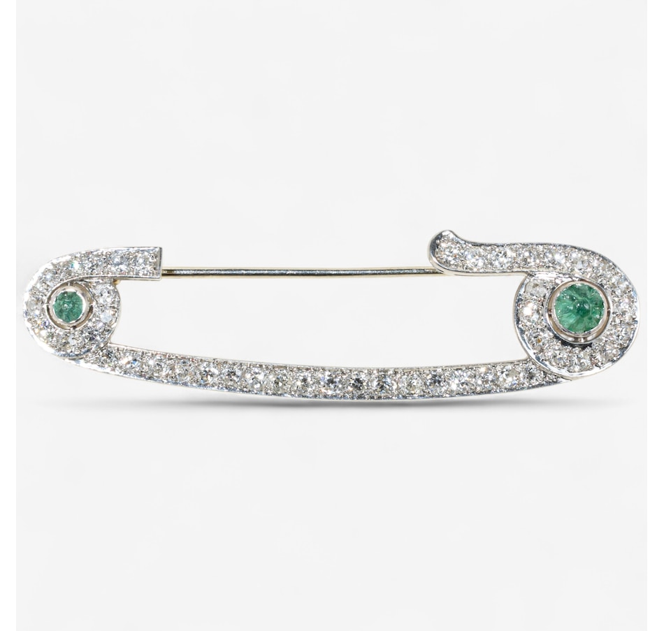 Image 747424.jpg, Product 747-424 / Price $4,295.00, Custom Made Platinum Old European Cut Diamond and Emerald Safety Pin Brooch from Estate Originals on TSC.ca's Jewellery department