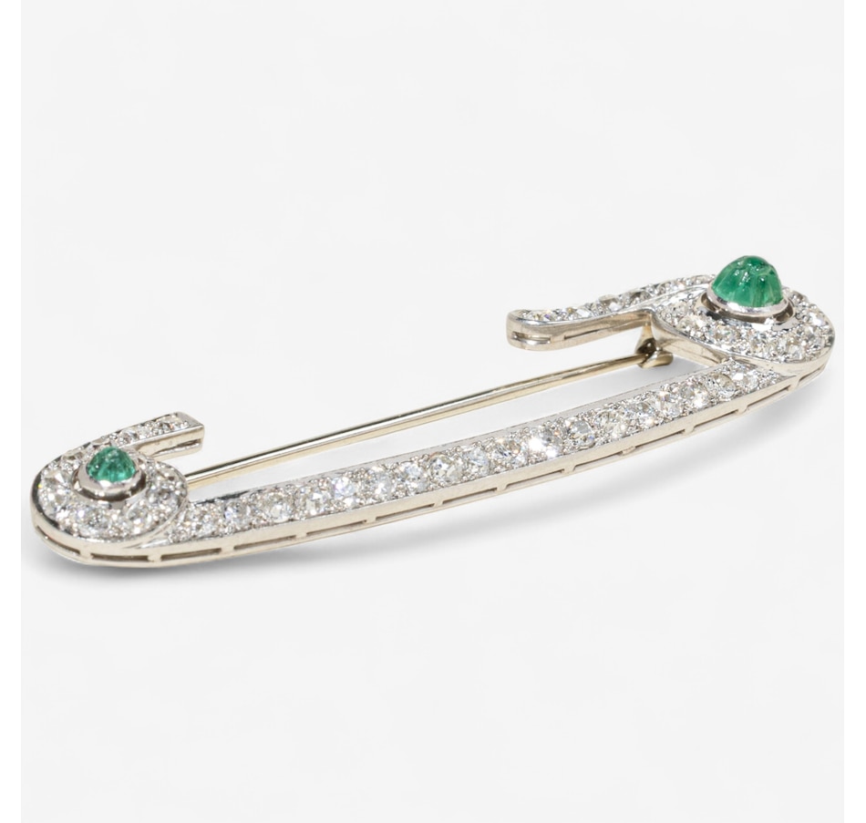 Image 747424_ALTMORE2.jpg, Product 747-424 / Price $4,295.00, Custom Made Platinum Old European Cut Diamond and Emerald Safety Pin Brooch from Estate Originals on TSC.ca's Jewellery department