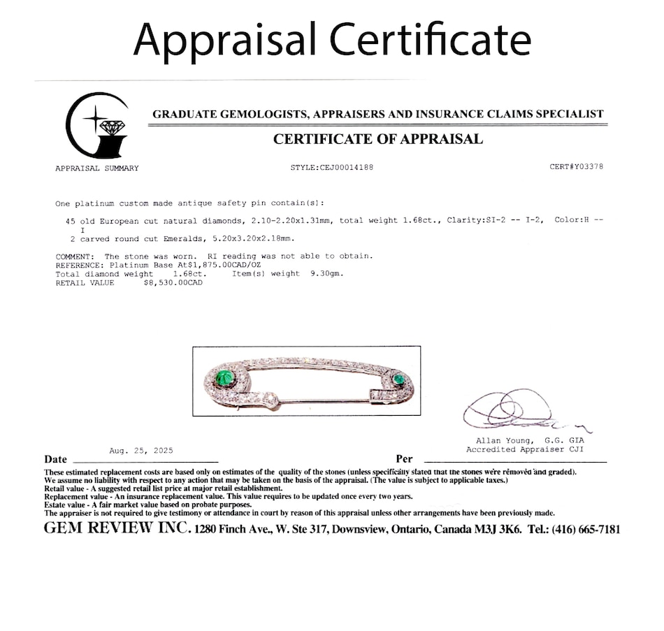 Image 747424_ALTMORE3.jpg, Product 747-424 / Price $4,295.00, Custom Made Platinum Old European Cut Diamond and Emerald Safety Pin Brooch from Estate Originals on TSC.ca's Jewellery department