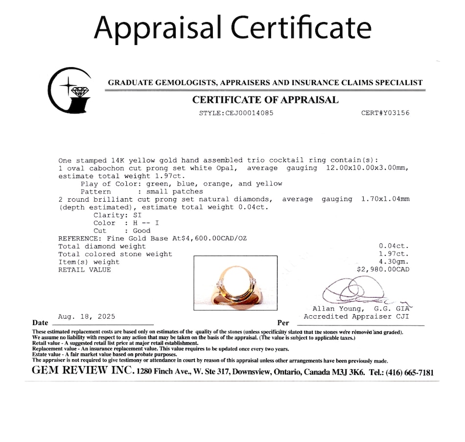 Image 747426_ALTMORE5.jpg, Product 747-426 / Price $1,495.00, 14K Yellow Gold Opal and Diamond Ring from Estate Originals on TSC.ca's Jewellery department