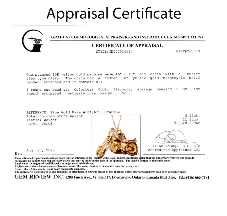 Image 747434_ALTMORE5.jpg, Product 747-434 / Price $1,895.00, 10K Yellow Gold Motorcycle Pendant from Estate Originals on TSC.ca's Jewellery department