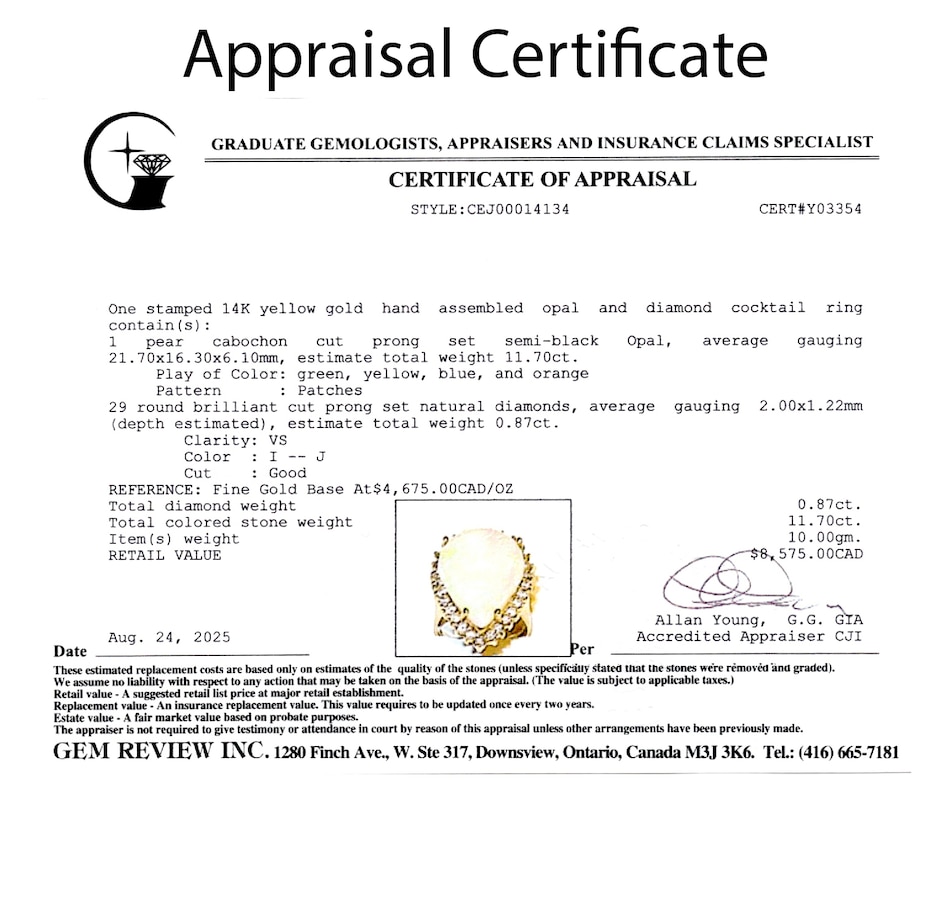 Image 747436_ALTMORE5.jpg, Product 747-436 / Price $4,295.00, 14K Yellow Gold 11.70CT Pear Shaped Opal and Diamond Ring from Estate Originals on TSC.ca's Jewellery department