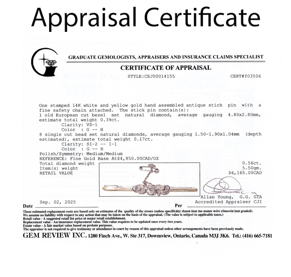 Image 747439_ALTMORE3.jpg, Product 747-439 / Price $3,295.00, 14K White and Yellow Gold Antique Old European Cut Diamond Bar Pin from Estate Originals on TSC.ca's Jewellery department