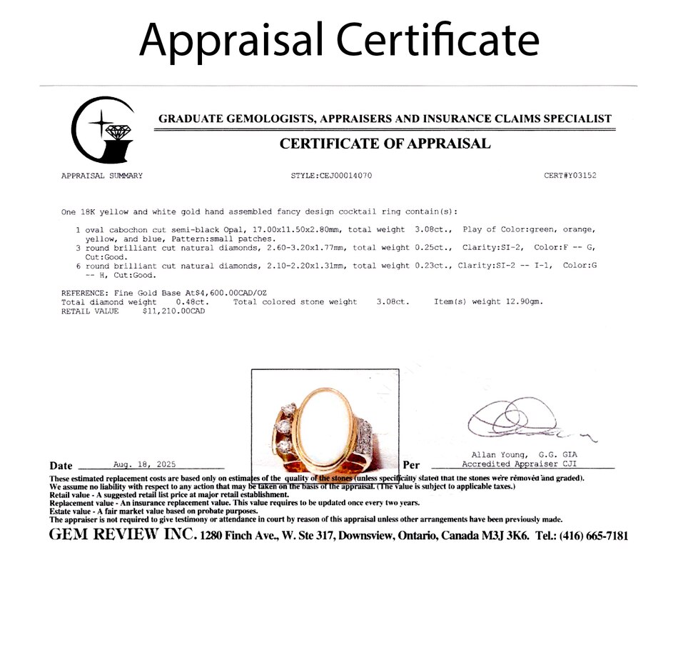 Image 747441_ALTMORE5.jpg, Product 747-441 / Price $5,495.00, 18K Yellow and White Gold Oval Opal and Diamond Ring from Estate Originals on TSC.ca's Jewellery department