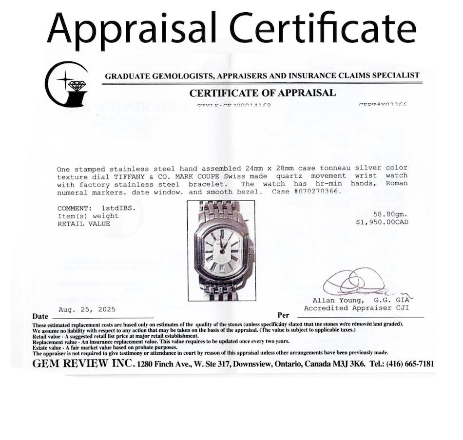 Image 747442_ALTMORE6.jpg, Product 747-442 / Price $1,750.00, Stainless Steel TIFFANY & Co. MARK COUPE Swiss Made Watch from Estate Originals on TSC.ca's Jewellery department