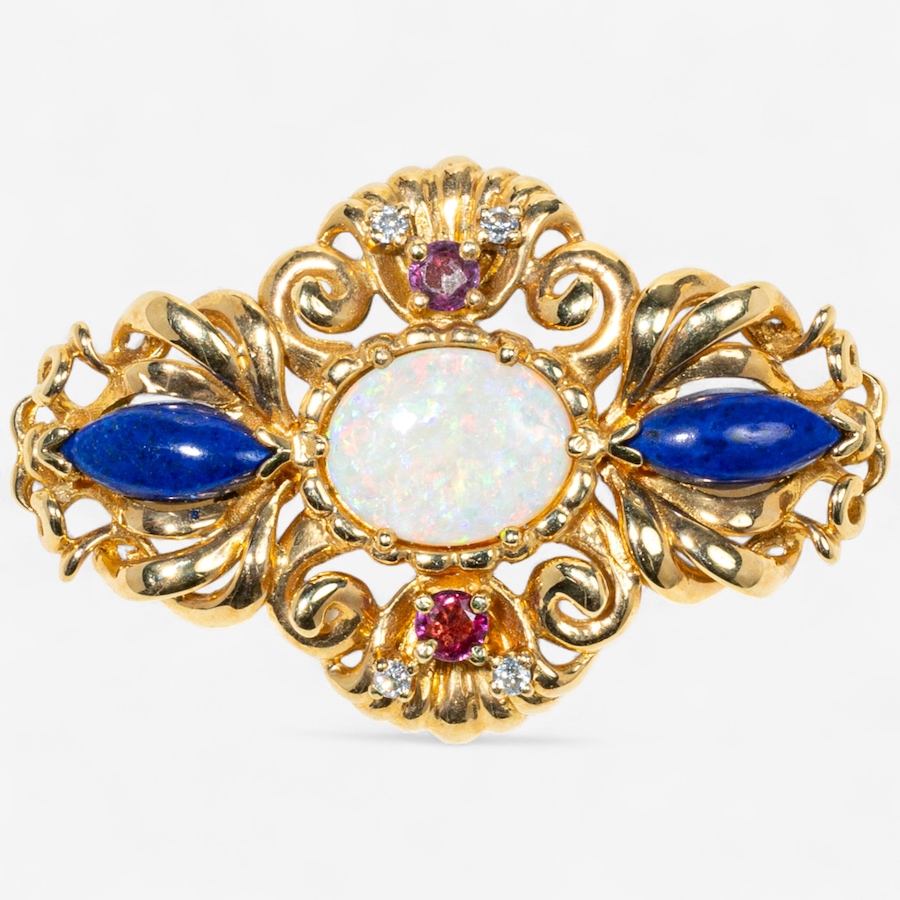 Image 747448.jpg, Product 747-448 / Price $3,395.00, 18K Yellow Gold Opal, Lapis Lazuli, Pink Sapphire and Diamond Brooch from Estate Originals on TSC.ca's Jewellery department