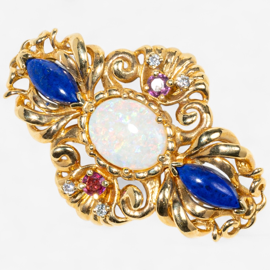 Image 747448_ALTMORE2.jpg, Product 747-448 / Price $3,395.00, 18K Yellow Gold Opal, Lapis Lazuli, Pink Sapphire and Diamond Brooch from Estate Originals on TSC.ca's Jewellery department